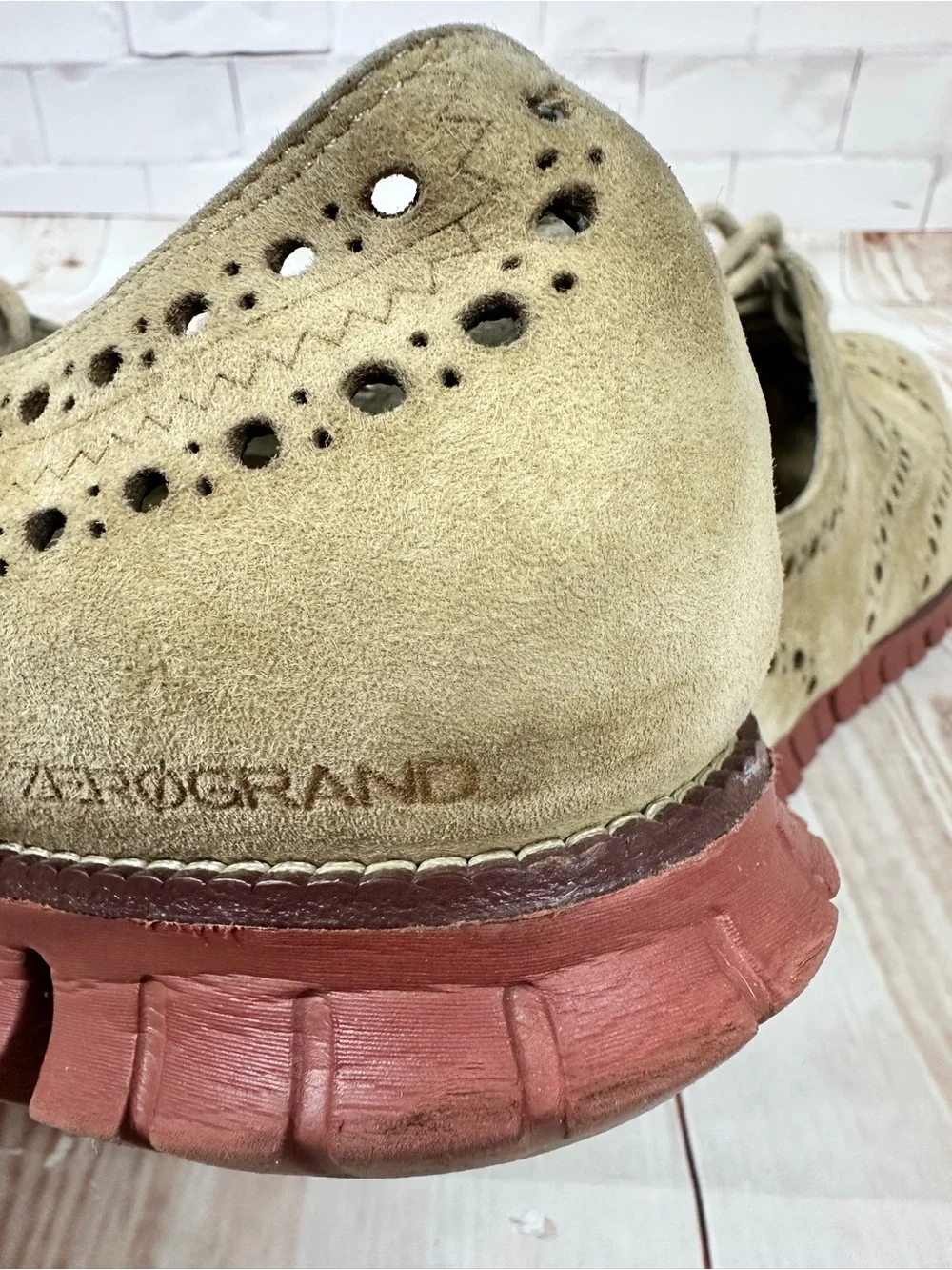 Cole Haan Tan Suede Wingtip Oxfords with Brown-Red Lug Sole